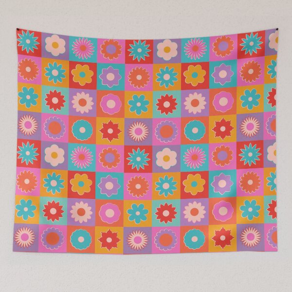 Item preview, Spring Summer colorful checkers with cheerful vibrant bright retro blooms, mid century modern  flowers in gorgeous happy colors pink yellow aqua orange designed and sold by artgeige.