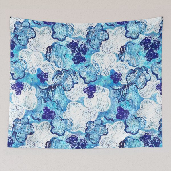 Item preview, blue textured monoprint blossoms designed and sold by kobyakov.