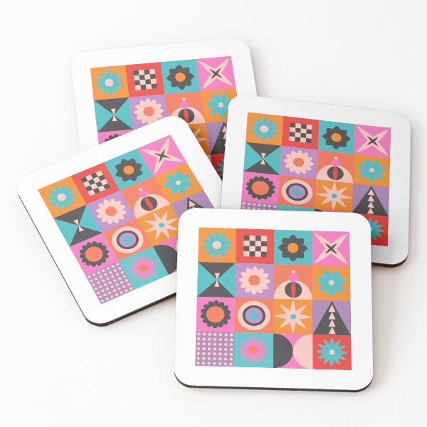 Item preview, colorful geometric checkers with cheerful vibrant bright retro blooms,stars, mid-century modern abstract shapes, flowers in happy colors pink yellow aqua lilac orange designed and sold by artgeige.