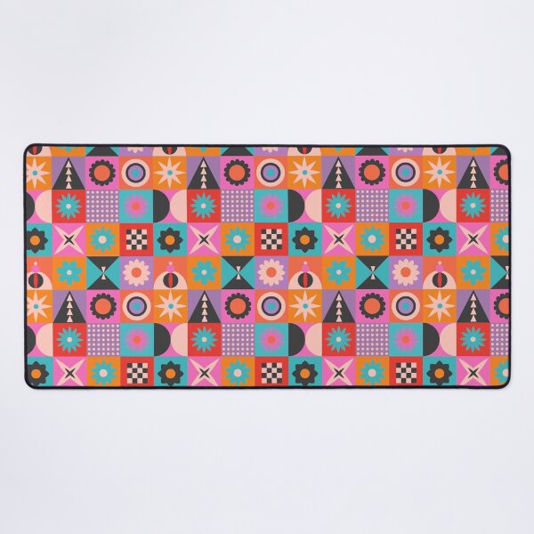 Item preview, colorful geometric checkers with cheerful vibrant bright retro blooms,stars, mid-century modern abstract shapes, flowers in happy colors pink yellow aqua lilac orange designed and sold by artgeige.