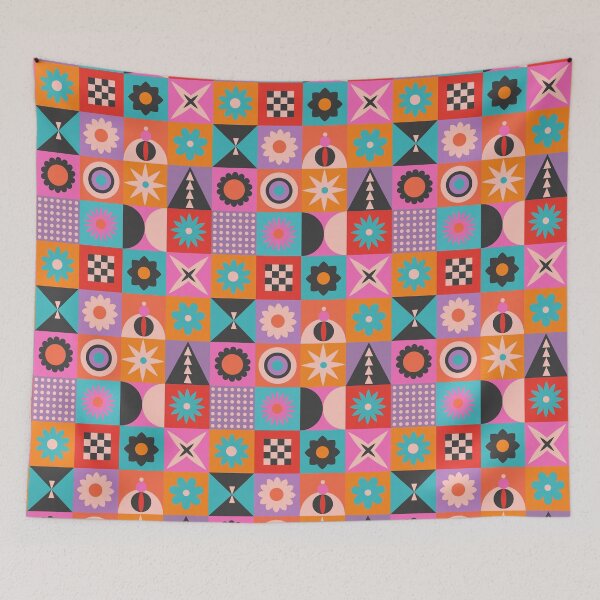 Item preview, colorful geometric checkers with cheerful vibrant bright retro blooms,stars, mid-century modern abstract shapes, flowers in happy colors pink yellow aqua lilac orange designed and sold by artgeige.