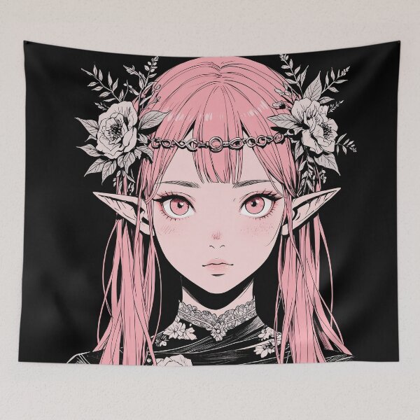 Item preview, Pink Aesthetic Elf Girl with Floral Crown – Gothic Anime Fantasy Portrait designed and sold by Animepic222.