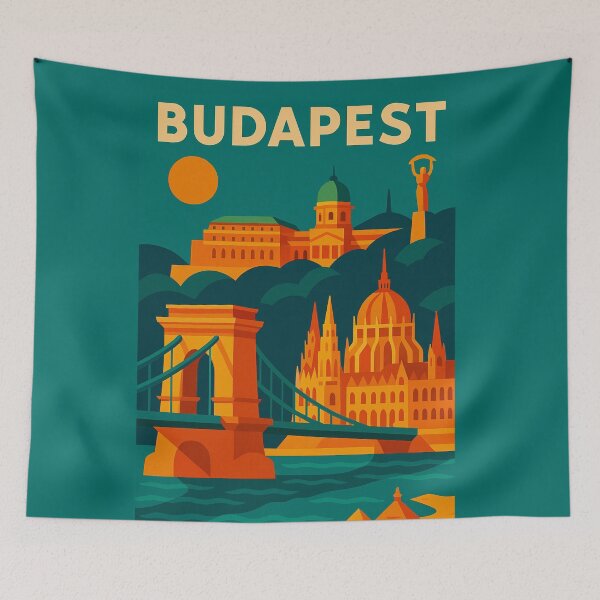 Item preview, Vintage Budapest Hungary Travel Poster – Retro Parliament, Chain Bridge & Cityscape Wall Art designed and sold by Bored Duck.