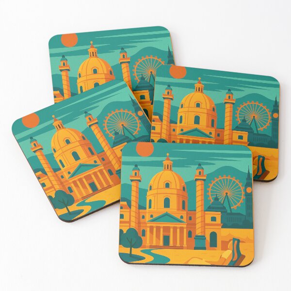 Item preview, Retro Vienna Austria Travel Poster – Vintage Karlskirche, Ferris Wheel & Cityscape Wall Art designed and sold by Bored Duck.