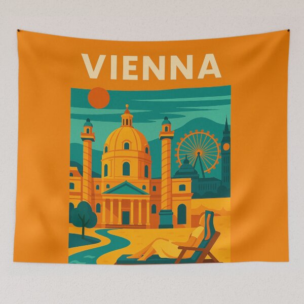 Item preview, Retro Vienna Austria Travel Poster – Vintage Karlskirche, Ferris Wheel & Cityscape Wall Art designed and sold by Bored Duck.