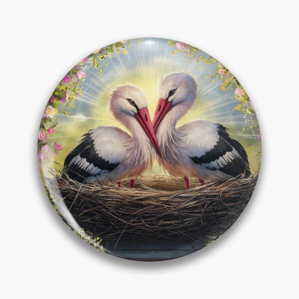 Item preview, Stork Couple in nest on chimney floral bird art designed and sold by EmeraldeaArt.