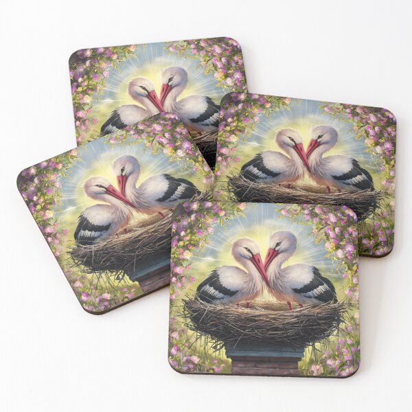 Item preview, Stork Couple in nest on chimney floral bird art designed and sold by EmeraldeaArt.