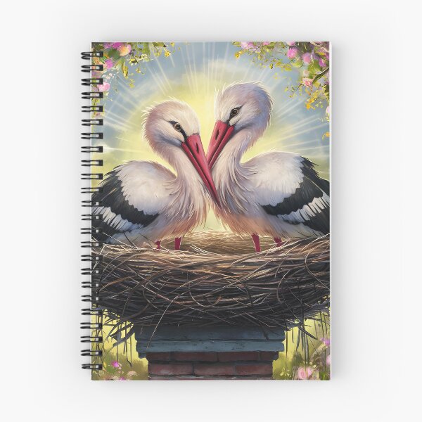 Item preview, Stork Couple in nest on chimney floral bird art designed and sold by EmeraldeaArt.