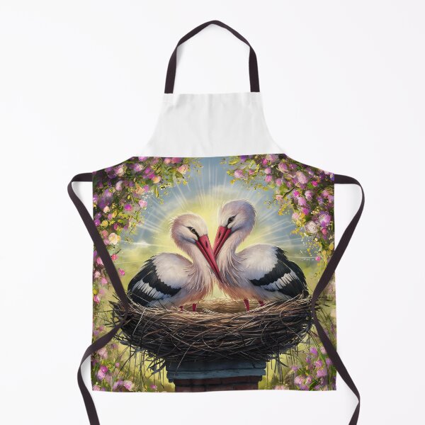 Item preview, Stork Couple in nest on chimney floral bird art designed and sold by EmeraldeaArt.