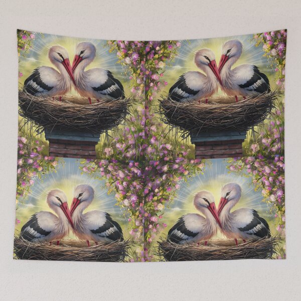 Item preview, Stork Couple in nest on chimney floral bird art designed and sold by EmeraldeaArt.