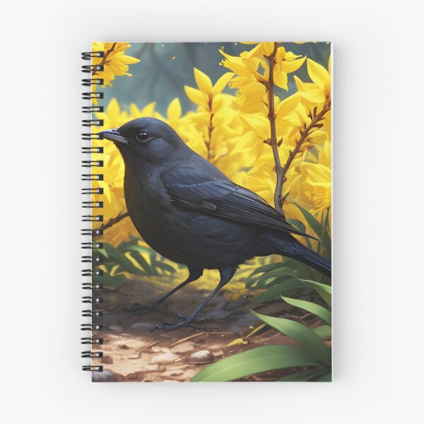 Item preview, Blackbird and Forsythia × intermedia border forsythia shrub bush in yellow bloom designed and sold by EmeraldeaArt.