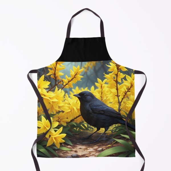 Item preview, Blackbird and Forsythia × intermedia border forsythia shrub bush in yellow bloom designed and sold by EmeraldeaArt.