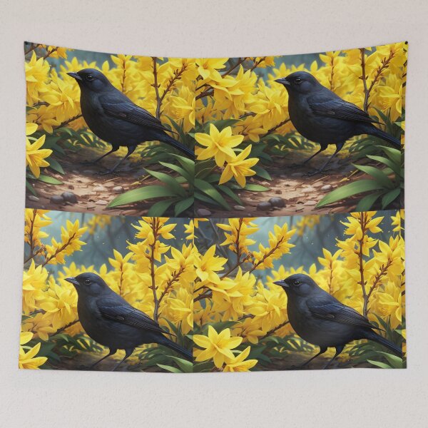 Item preview, Blackbird and Forsythia × intermedia border forsythia shrub bush in yellow bloom designed and sold by EmeraldeaArt.