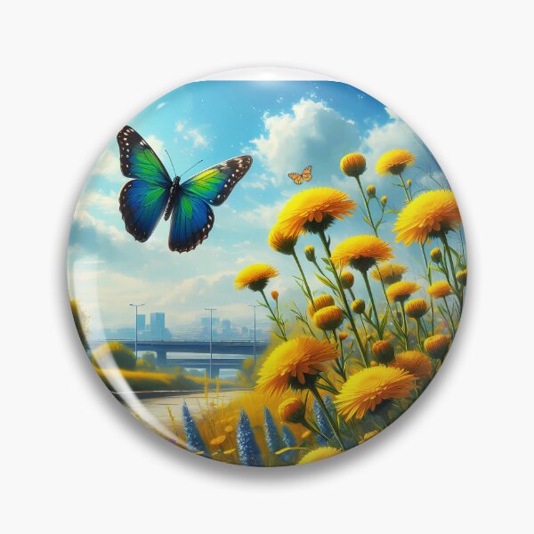 Item preview, Spring yellow wildflowers and a butterfly at the edge of a road and a city in the distance digitalart designed and sold by EmeraldeaArt.
