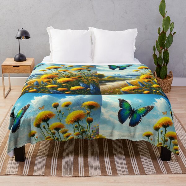 Item preview, Spring yellow wildflowers and a butterfly at the edge of a road and a city in the distance digitalart designed and sold by EmeraldeaArt.