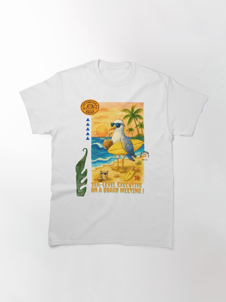 Thumbnail 3 of 7, Classic T-Shirt, Sea-Level Executive on a Board Meeting tee | Funny Surfing Seagull T-Shirt | Tropical Beach Animal Art Unisex shirt designed and sold by VybeWearCompany.