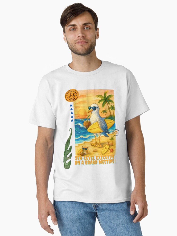 Thumbnail 2 of 7, Classic T-Shirt, Sea-Level Executive on a Board Meeting tee | Funny Surfing Seagull T-Shirt | Tropical Beach Animal Art Unisex shirt designed and sold by VybeWearCompany.