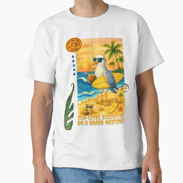 Artikel-Vorschau von T-Shirt „Sea-Level Executive on a Board Meeting“ | Lustiges Surfing Seagull T-Shirt | Tropischer Strand, Tierkunst, Unisex-Shirt, designt und verkauft von VybeWear Co..