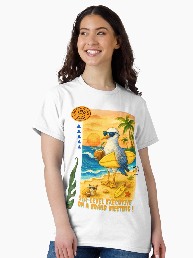 Thumbnail 1 of 7, Classic T-Shirt, Sea-Level Executive on a Board Meeting tee | Funny Surfing Seagull T-Shirt | Tropical Beach Animal Art Unisex shirt designed and sold by VybeWearCompany.
