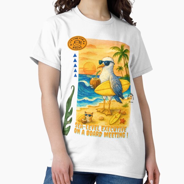 Item preview, Sea-Level Executive on a Board Meeting tee | Funny Surfing Seagull T-Shirt | Tropical Beach Animal Art Unisex shirt designed and sold by VybeWear Co..