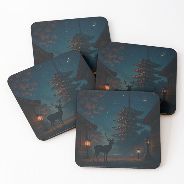 Item preview, Mystical Night in Nara – Lantern-lit Pagoda and Deer Under the Stars designed and sold by NihonKamonScape.