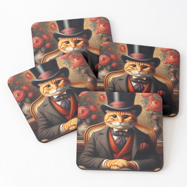 Item preview, Aristocrat red tabby sir sitting in vintage armchair wearing elegant suit red peonies backdrop digitalart designed and sold by EmeraldeaArt.