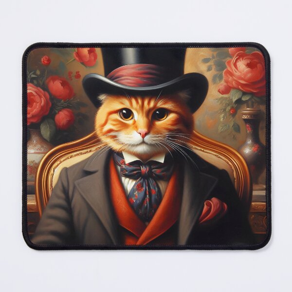 Item preview, Aristocrat red tabby sir sitting in vintage armchair wearing elegant suit red peonies backdrop digitalart designed and sold by EmeraldeaArt.