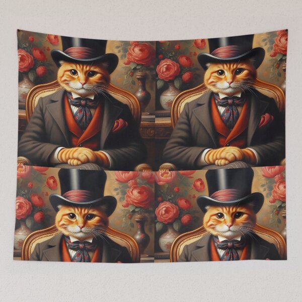 Item preview, Aristocrat red tabby sir sitting in vintage armchair wearing elegant suit red peonies backdrop digitalart designed and sold by EmeraldeaArt.
