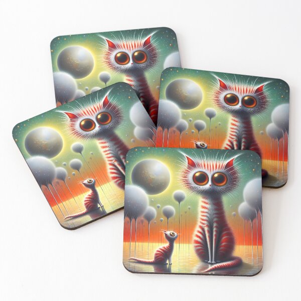 Item preview, Surreal oversized red striped tabby cats funny cartoon scene with full moon backdrop designed and sold by EmeraldeaArt.