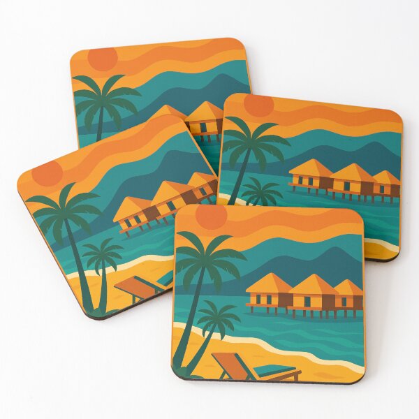 Item preview, Maldives Travel Poster – Retro Beach Bungalows, Sunset & Tropical Island Escape Paradise Wall Art designed and sold by Bored Duck.