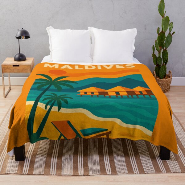Item preview, Maldives Travel Poster – Retro Beach Bungalows, Sunset & Tropical Island Escape Paradise Wall Art designed and sold by Bored Duck.