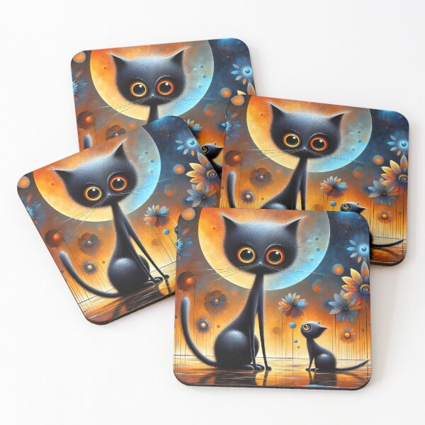 Item preview, Surreal oversized black cats funny cartoon scene with full moon floral backdrop designed and sold by EmeraldeaArt.