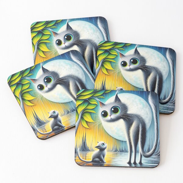 Item preview, Surreal oversized grey cats funny cartoon scene with full moon backdrop designed and sold by EmeraldeaArt.