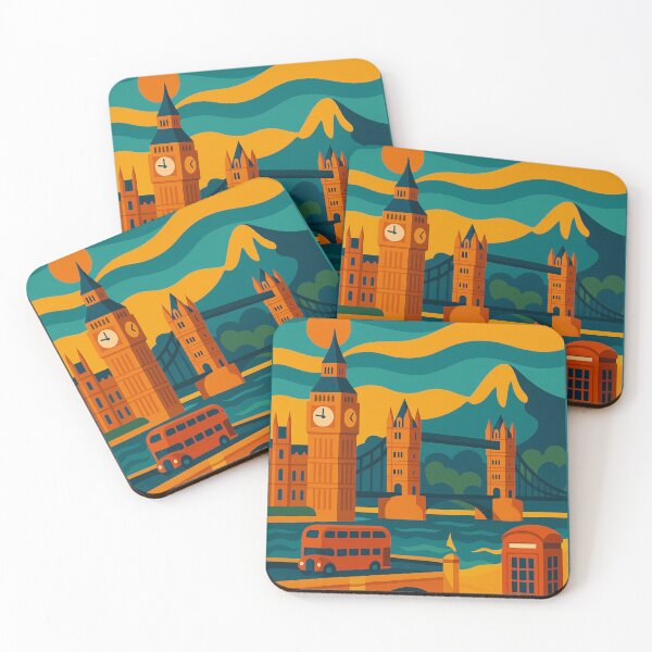 Item preview, Vintage London England (UK) Travel Poster – Retro Big Ben, Red Bus, Tower Bridge & Phone Booth Wall Art designed and sold by Bored Duck.