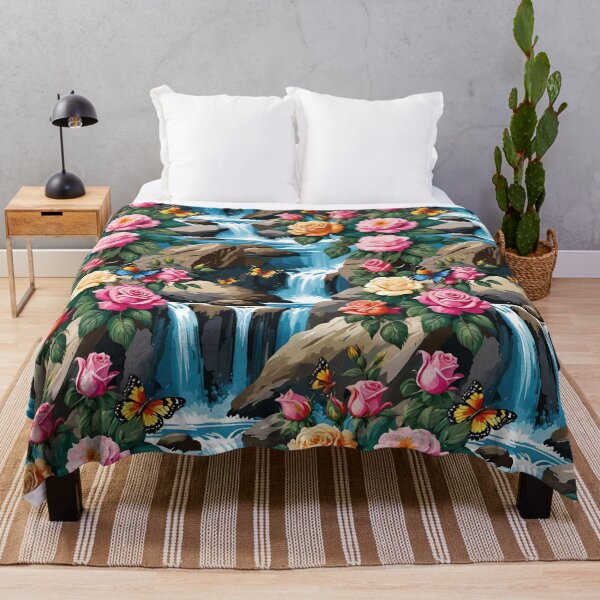 Item preview, Cascading Waterfalls And Rivers Tumbling Over Boulders With Delicate Roses And Fluttering Butterflies designed and sold by CarrollGene.