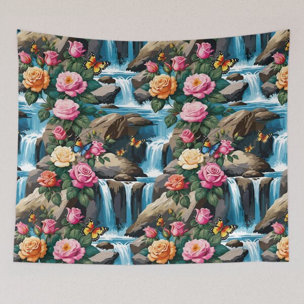 Item preview, Cascading Waterfalls And Rivers Tumbling Over Boulders With Delicate Roses And Fluttering Butterflies designed and sold by CarrollGene.