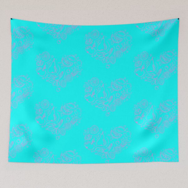 Item preview, illustration of heart of different pink fruits on cyan backdrop designed and sold by alexvioletart.