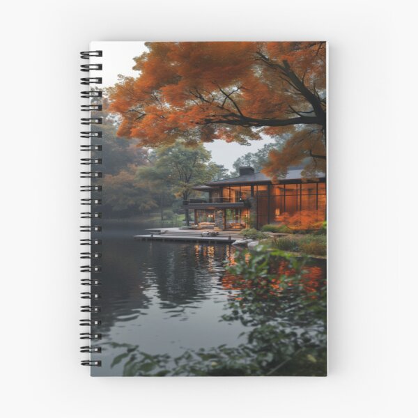 Item preview, Moderna casa de lago bajo árboles otoñales con un reflejo sereno designed and sold by IdeaSmith.