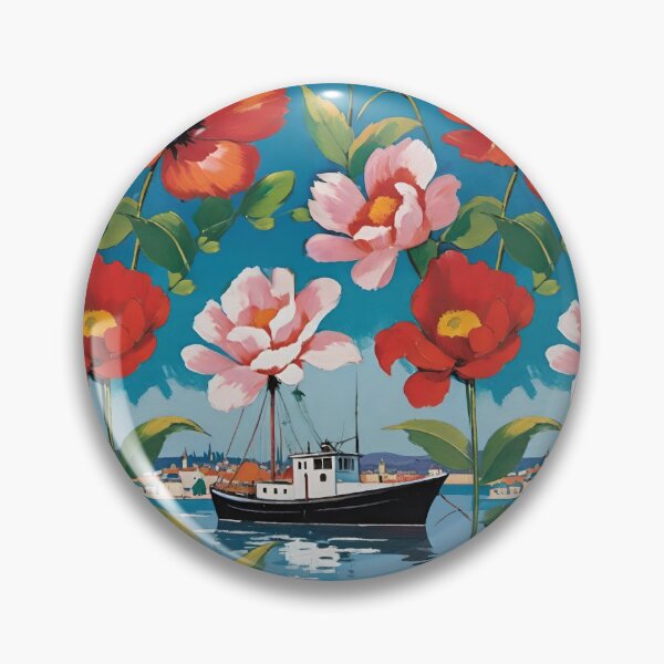 Item preview, Harbor Fishing Boat With Pink Camellias And Red Poppies designed and sold by CarrollGene.