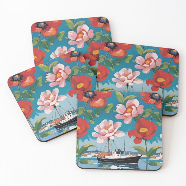 Item preview, Harbor Fishing Boat With Pink Camellias And Red Poppies designed and sold by CarrollGene.