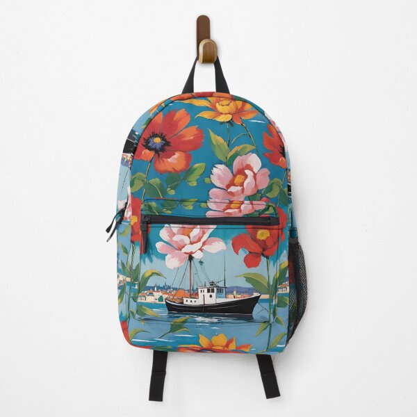 Item preview, Harbor Fishing Boat With Pink Camellias And Red Poppies designed and sold by CarrollGene.