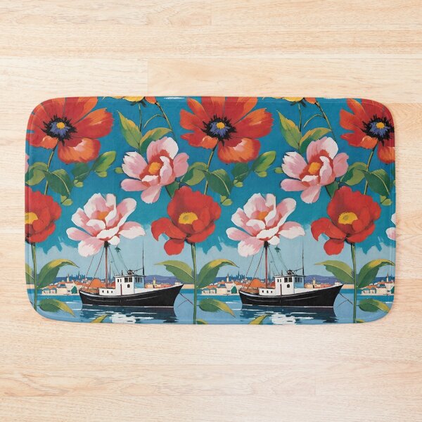 Item preview, Harbor Fishing Boat With Pink Camellias And Red Poppies designed and sold by CarrollGene.
