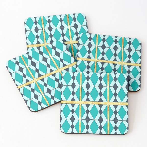 Item preview, Turquoise Geometric Diamond Pattern with Faux Gold Lines – Retro Tile Design designed and sold by Whimsy Belle Atelier.