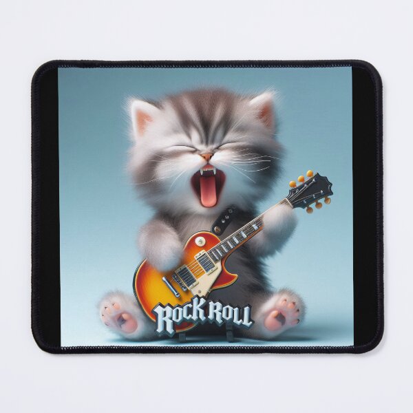 Item preview, Fluffy kitten playing a "ROCK and ROLL" electric guitar and singing. designed and sold by BlurBlurDesign.