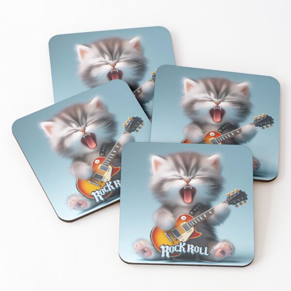 Item preview, Fluffy kitten playing a "ROCK and ROLL" electric guitar and singing. designed and sold by BlurBlurDesign.