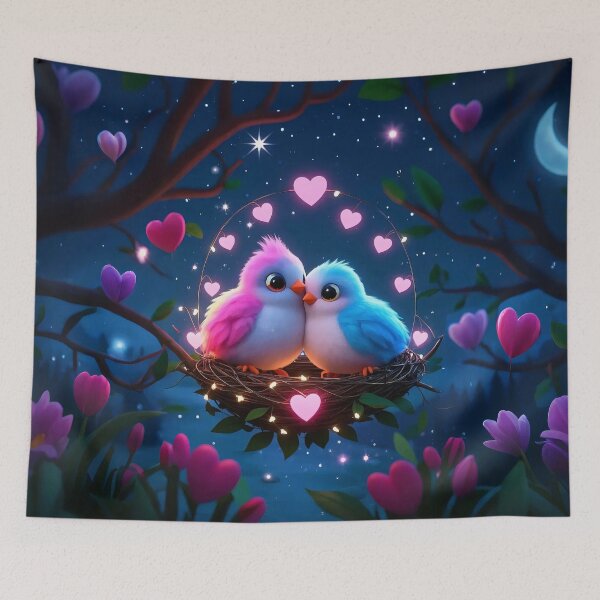 Item preview, Adorable 3D Cartoon Lovebirds - Romantic Nest Under Starry Sky designed and sold by amithachapa.