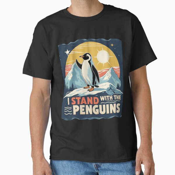Vista previa del artículo con la obra «Pingüinos contra los aranceles, arte de protesta por los derechos de los animales», diseñado y vendido por Anu  Ram.