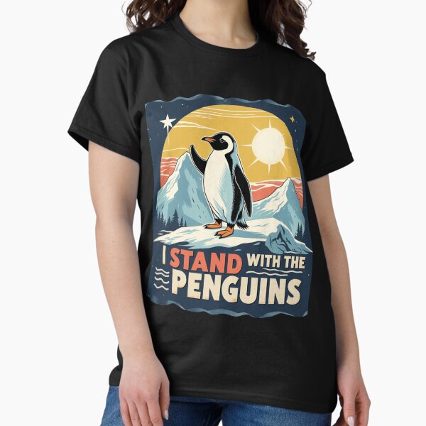 Vista previa del artículo con la obra «Pingüinos contra los aranceles, arte de protesta por los derechos de los animales», diseñado y vendido por Anu  Ram.