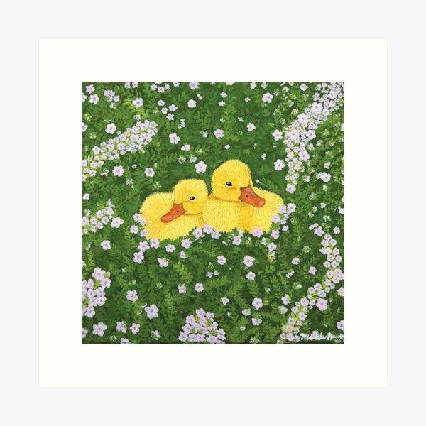 Aperçu de l'œuvre Peinture de canetons se blottissant dans des fleurs créée et vendue par MadelinNeweyArt.