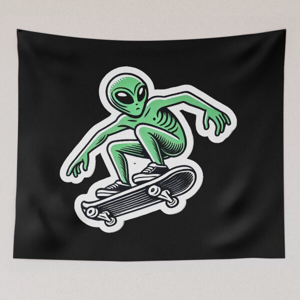 Item preview, Skateboarding Green Alien designed and sold by PinUpPizzazz.